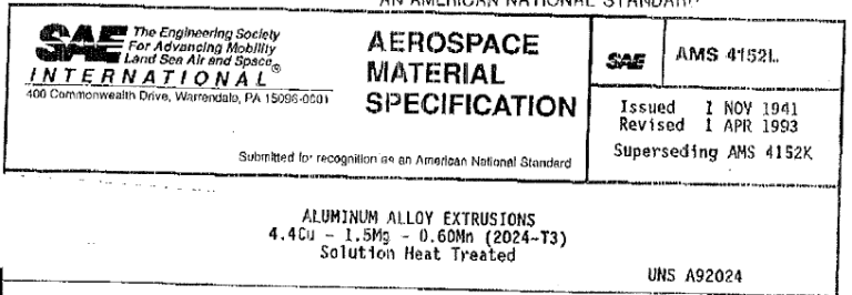 Read more about the article AMS 4152L-ALUMINUM ALLOY EXTRUSIONS 4.4Cu – 15Mg – 0.60Mn (2024-T3) Solution Heat Treated