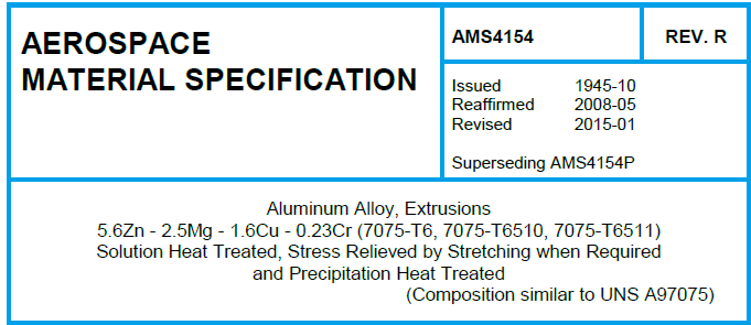 Read more about the article AMS 4154-Aluminum Alloy, Extrusions 5.6Zn – 2.5Mg – 1.6Cu – 0.23Cr (7075-T6, 7075-T6510, 7075-T6511) Solution Heat Treated, Stress Relieved by Stretching when Required and Precipitation Heat Treated