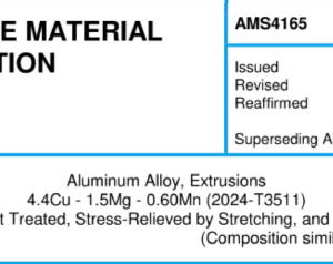 AMS 4165-Aluminum Alloy, Extrusions 4.4Cu – 1.5Mg – 0.60Mn (2024-T3511) Solution Heat Treated, Stress-Relieved by Stretching, and Straightened