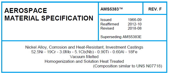 Read more about the article AMS 5383TM-Nickel Alloy, Corrosion and Heat-Resistant, Investment Castings 52.5Ni – 19Cr – 3.0Mo – 5.1Cb(Nb) – 0.90Ti – 0.60Al – 18Fe Vacuum Melted Homogenization and Solution Heat Treated