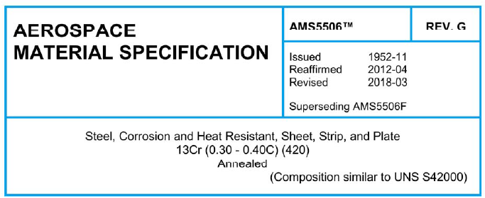 Read more about the article AMS 5506TM-Steel, Corrosion and Heat Resistant, Sheet, Strip, and Plate 13Cr(0.30 – 0.40C)(420)Annealed