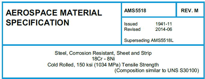 Read more about the article AMS 5518-Steel, Corrosion Resistant, Sheet and Strip 18Cr – 8Ni Cold Rolled, 150 ksi (1034 MPa) Tensile Strength