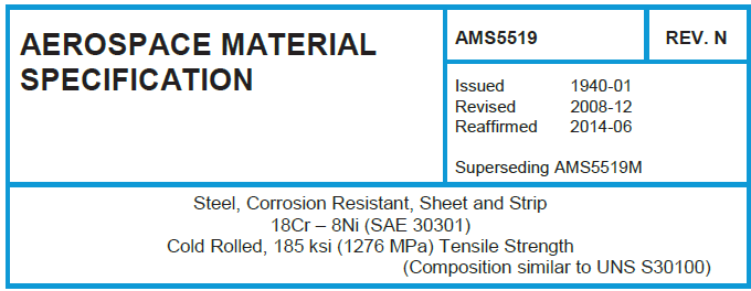 Read more about the article AMS 5519-Steel, Corrosion Resistant, Sheet and Strip 18Cr – 8Ni (SAE 30301) Cold Rolled, 185 ksi (1276 MPa) Tensile Strength