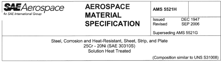 Read more about the article AMS 5521H-Steel, Corrosion Heat-Resistant, Sheet, Strip, and Plate 25Cr – 20Ni(SAE 30310S)Solution Heat Treated