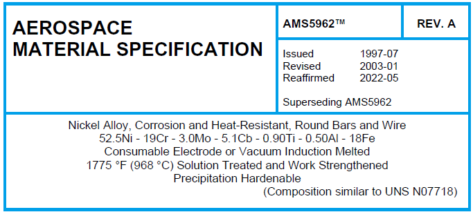 Read more about the article AMS 5962TM-Nickel Alloy, Corrosion and Heat-Resistant, Round Bars and Wire 52.5Ni – 19Cr – 3.0Mo – 5.1Cb – 0.90Ti – 0.50Al – 18Fe Consumable Electrode or Vacuum Induction Melted 1775 °F (968 °C) Solution Treated and Wo