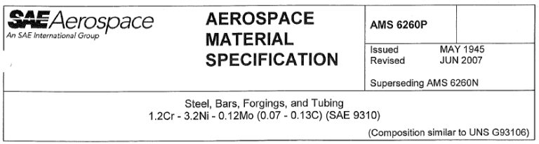 Read more about the article AMS 6260P-Steel, Bars, Forgings, and Tubing 1.2Cr – 3.2Ni – 0.12Mo (0.07 – 0.13C) (SAE 9310)