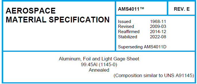 Read more about the article AMS 4011TM-Aluminum, Foil and Light Gage Sheet 99.45Al (1145-0) Annealed