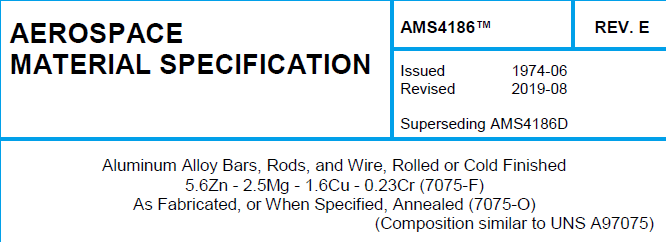 Read more about the article AMS 4186TM-Aluminum Alloy Bars, Rods, and Wire, Rolled or Cold Finished 5.6Zn – 2.5Mg – 1.6Cu – 0.23Cr (7075-F) As Fabricated, or When Specified, Annealed (7075-O)