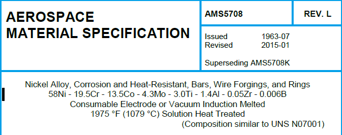 Read more about the article AMS 5708-Nickel Alloy, Corrosion and Heat-Resistant, Bars, Wire Forgings, and Rings 58Ni – 19.5Cr – 13.5Co – 4.3Mo – 3.0Ti – 1.4Al – 0.05Zr – 0.006B Consumable Electrode or Vacuum Induction Melted 1975