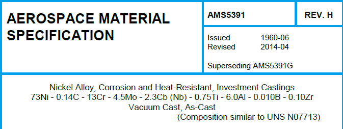 Read more about the article AMS 5391-Nickel Alloy, Corrosion and Heat-Resistant, Investment Castings 73Ni – 0.14C – 13Cr – 4.5Mo – 2.3Cb (Nb) – 0.75Ti – 6.0Al – 0.010B – 0.10Zr Vacuum Cast, As-Cast