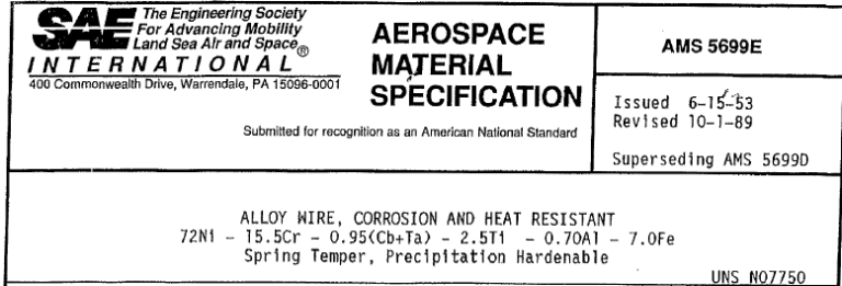 Read more about the article AMS 5699E-ALLOY WIRE, CORROSION AND HEAT RESISTANT 72N1 – 15.5Cr – 0.95(Cb+Ta) – 2.5T1 – 0.70A1 – 7.0Fe Spring Temper, Precipitation Hardenable
